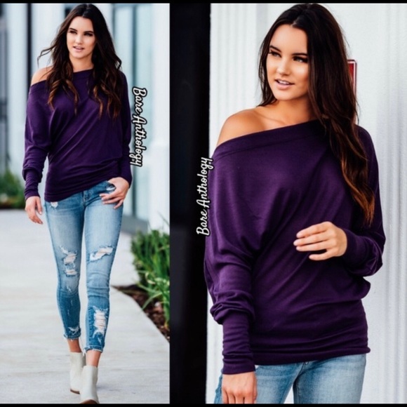SOLD (M) Purple Off Shoulder Dolman Sleeve Top - Picture 2 of 7